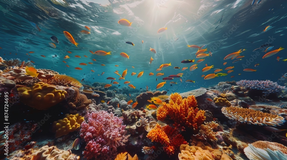 Obraz premium mesmerizing underwater landscape featuring a colorful coral reef and a diverse array of fish gracefully moving through the water Generative AI