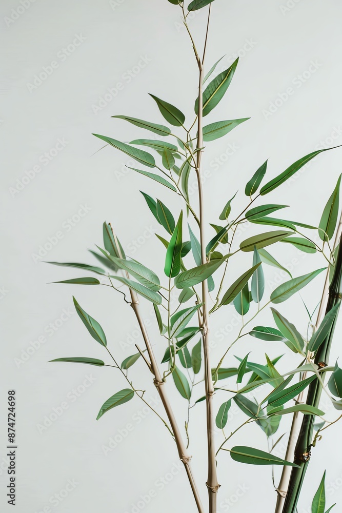 A tall bamboo plant with long, slender leaves. The plant is growing in a pot and has a green stem. A tall bamboo plant with long, slender leaves. The plant is growing in a pot and has a green stem.