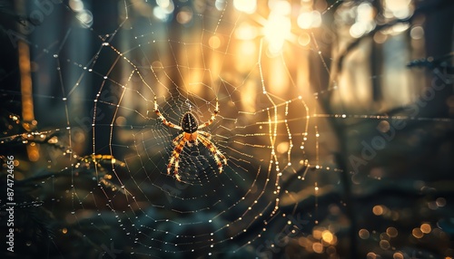 A close-up of a spider on its web in the morning dew