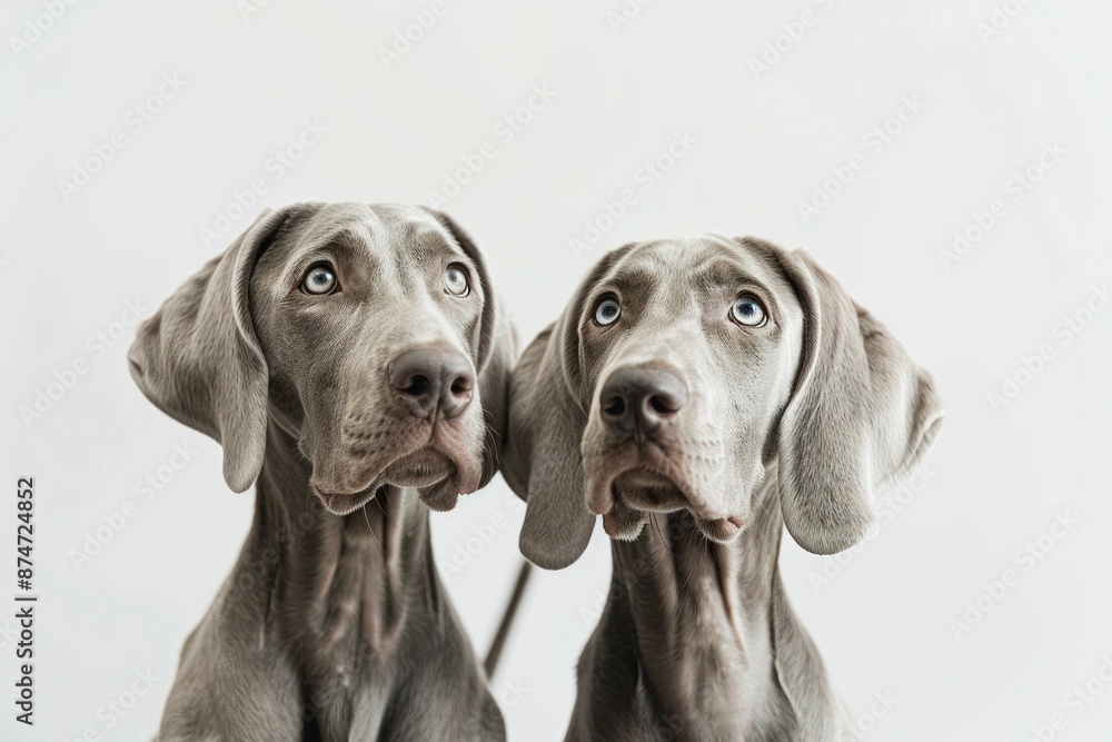 Two elegant weimaraner dogs posing for the camera against a clean white background, representing beauty and grace in pets Two elegant weimaraner dogs posing for the camera against a clean white background, representing beauty and grace in pets