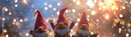Three happy gnomes celebrate the winter solstice with fireworks.
