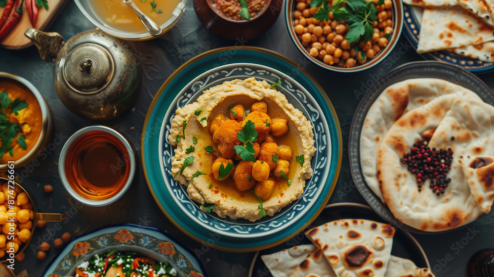 Ramadan food preparation for iftar meal during the holy month, Hummus with canned chickpeas, Halal chicken samosas, Dal Makhani, Naan bread, tea pot and glass flat lay on the dining table Ramadan food preparation for iftar meal during the holy month, Hummus with canned chickpeas, Halal chicken samosas, Dal Makhani, Naan bread, tea pot and glass flat lay on the dining table