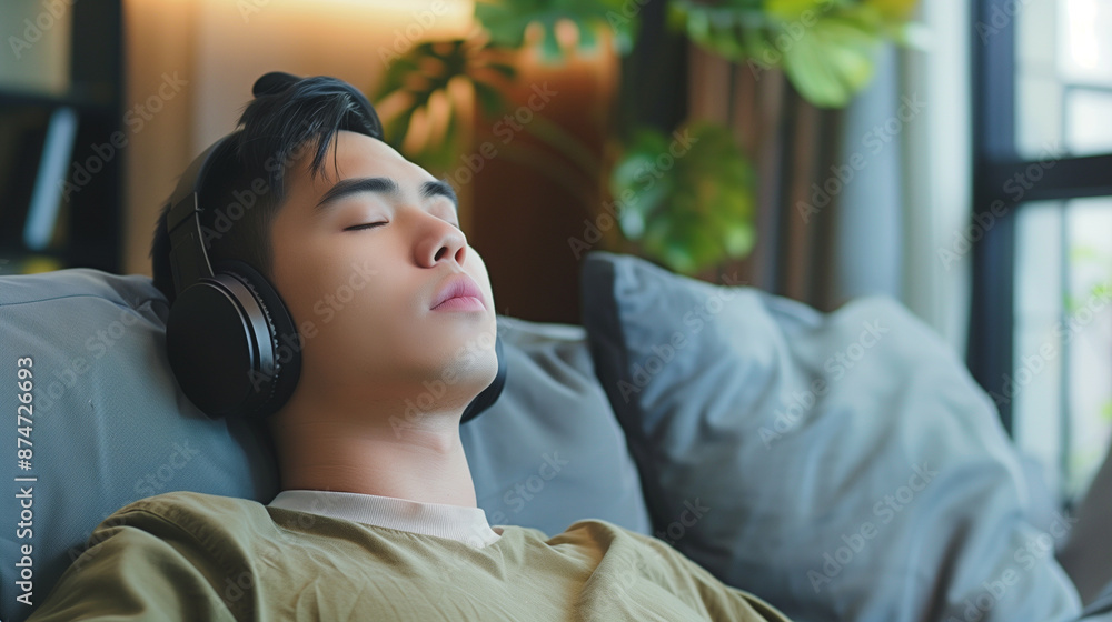 Rest And Relax Concept. Calm man sitting on couch, listening to music, audio book, podcast, enjoying meditation for sleep and peaceful mind in wireless headphones, leaning back