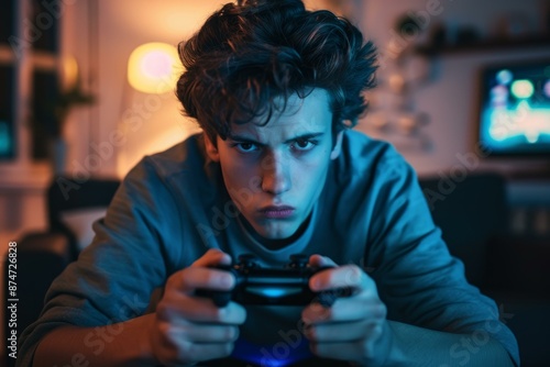 Young male focused on playing a video game with glowing lights in a dark room