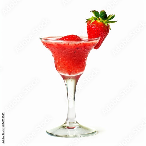 A vibrant strawberry daiquiri with strawberry garnish, presented against an isolated white background, chiaroscuro art style