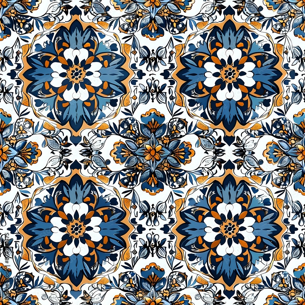 Intricate Blue, Green, and Pink Floral Grid Pattern Intricate Blue, Green, and Pink Floral Grid Pattern