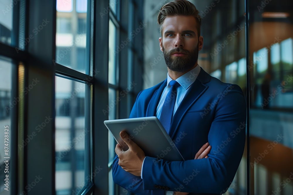 Fototapeta premium Professional Businessman with Tablet in Modern Office Setting Entrepreneur Workspace
