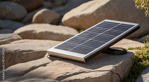 A solar-powered charger on a natural stone platform. Highlight its renewable energy source and modern design, with copy space 