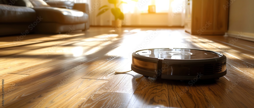 Obraz premium Efficient robot mops cleaning a hardwood floor, showing their capabilities