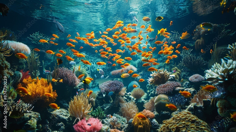 Naklejka premium stunning underwater view of a coral reef bustling with life, showcasing an array of fish species and coral varieties Generative AI