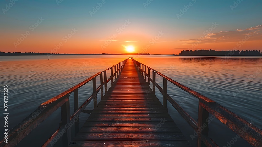 A long wooden pier extending into the water at sunset, with the sun setting behind it and reflecting on the calm waters below. A long wooden pier extending into the water at sunset, with the sun setting behind it and reflecting on the calm waters below.