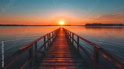 A long wooden pier extending into the water at sunset, with the sun setting behind it and reflecting on the calm waters below.