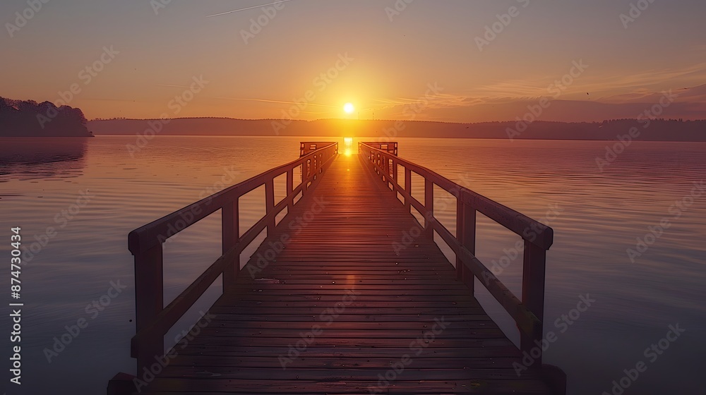 A long wooden pier extending into the water at sunset, with the sun setting behind it and reflecting on the calm waters below. A long wooden pier extending into the water at sunset, with the sun setting behind it and reflecting on the calm waters below.
