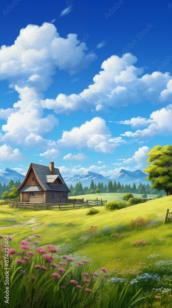 Obraz premium wooden house isolated on meadow wallpaper 