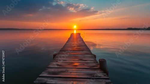 A long wooden pier extending into the water at sunset, with the sun setting behind it and reflecting on the calm waters below. © horizon