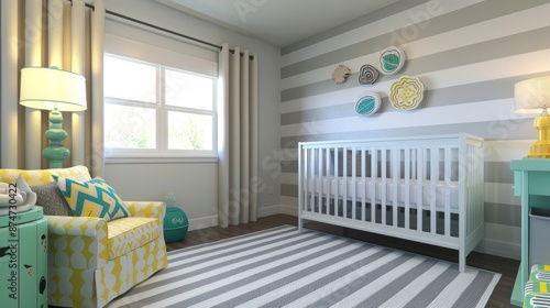 A genderneutral nursery featuring a gray and white striped accent wall with pops of yellow and mint green in the bedding and decor.