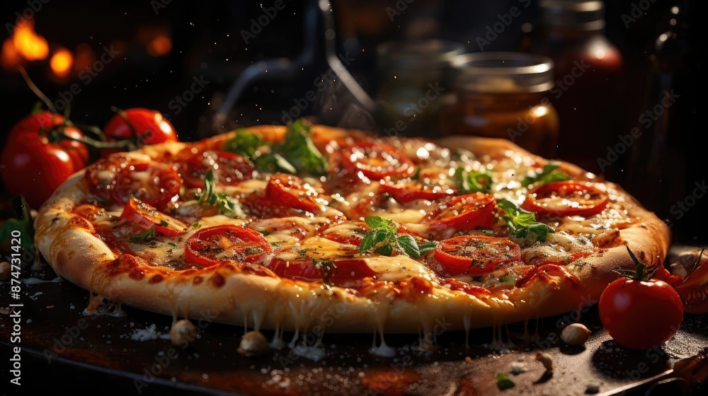 full pizza with vegetables and meat on wooden table with blur background full pizza with vegetables and meat on wooden table with blur background