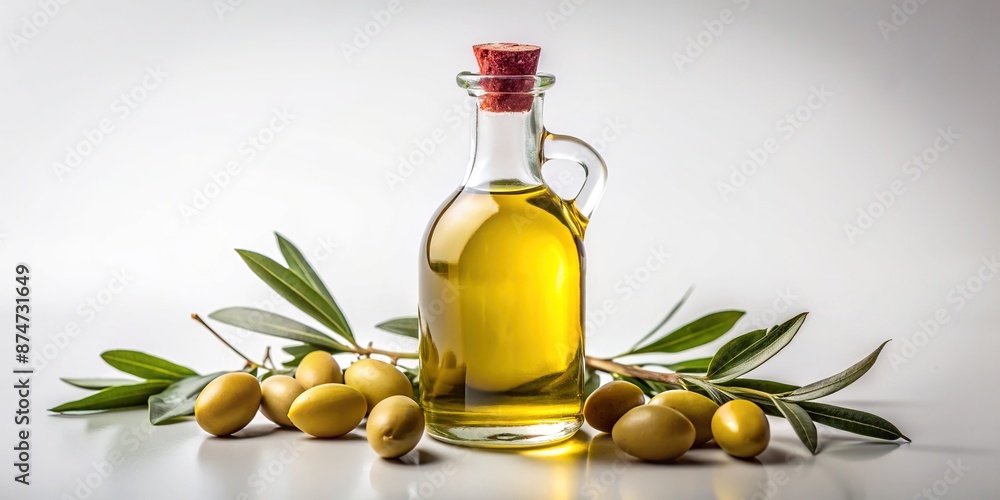 Small glass bottle filled with rich golden olive oil, elegantly curved and placed on a pristine white background, emphasizing its simplicity and sophistication. Small glass bottle filled with rich golden olive oil, elegantly curved and placed on a pristine white background, emphasizing its simplicity and sophistication.