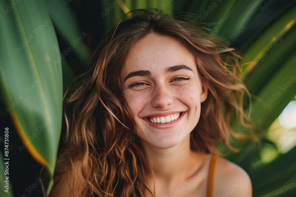 Joyful young woman smiling amongst vibrant green leaves Joyful young woman smiling amongst vibrant green leaves