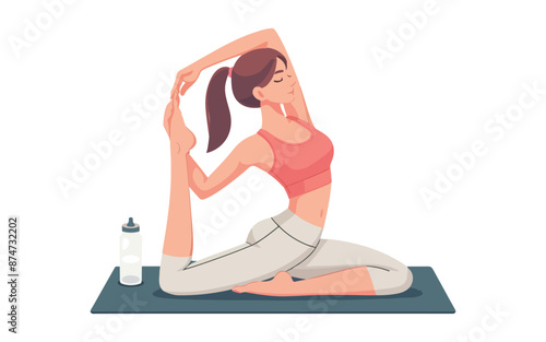 Cartoon girls in asana on yoga mat. Fitness young woman characters. Decorative Isolated vector illustration on white background.