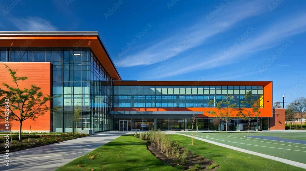custom made wallpaper toronto digitalAn architectural photograph of a modern school building exterior on a bright and sunny day with a blue sky. A basketball court is visible in the background.