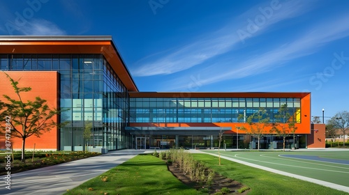 Wallpaper Mural An architectural photograph of a modern school building exterior on a bright and sunny day with a blue sky. A basketball court is visible in the background. Torontodigital.ca