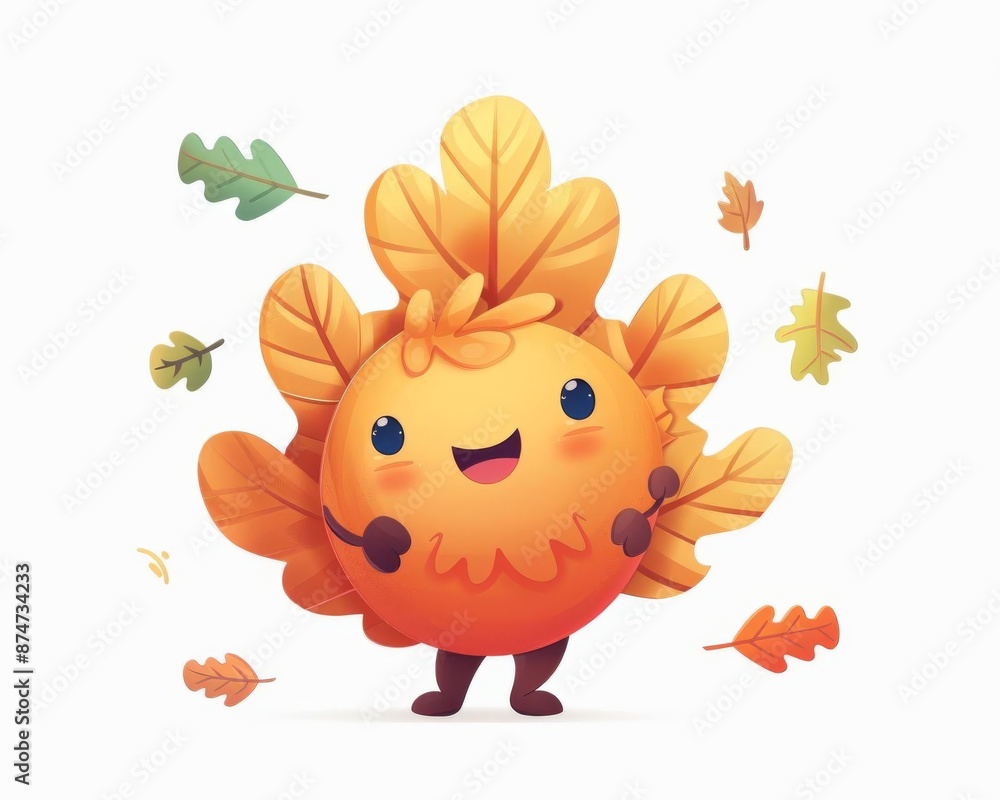 Obraz premium a cartoon autumn leaf character clipart, whimsical element, playful design, bright orange, isolated on white background