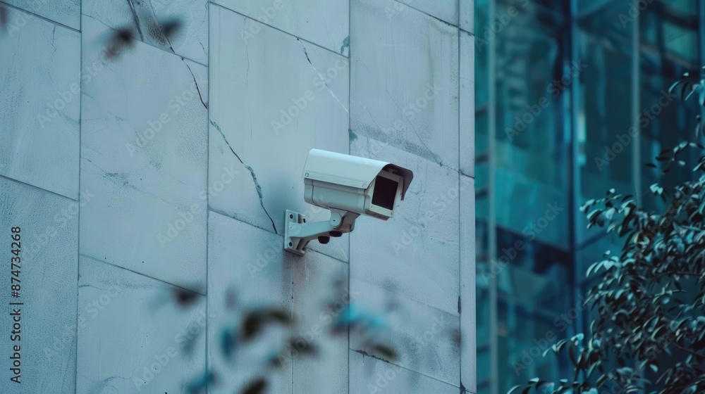 Obraz premium Security camera on modern building. Professional surveillance cameras. CCTV on the wall in the city. Security system, technology. Video equipment for safety system area control outdoor
