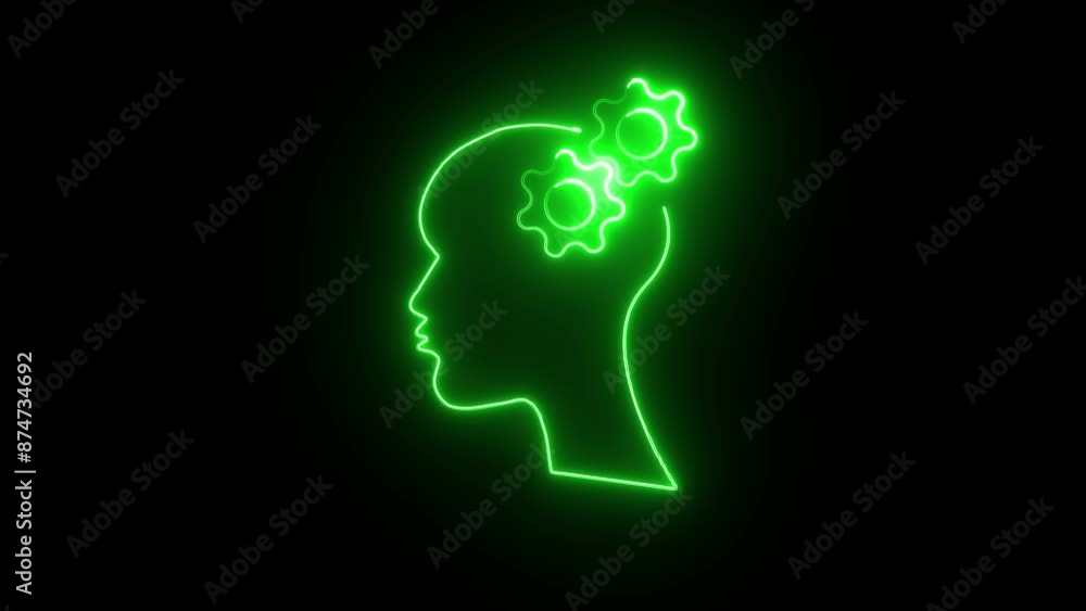Human head with gear green color icon. The gears are turning.. brain decisions, concepts, learning. 4k neon animation Human head with gear green color icon. The gears are turning.. brain decisions, concepts, learning. 4k neon animation