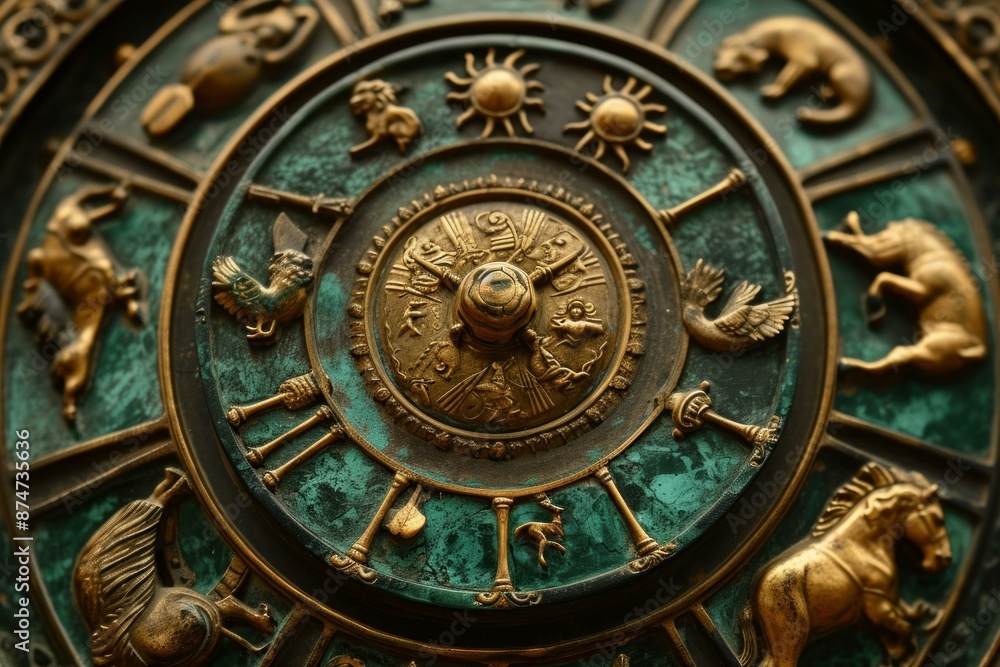 Obraz premium Close-up of vintage bronze antique astrological sundial with intricate engraved and embossed astrological symbols. Representing zodiac signs and celestial figures
