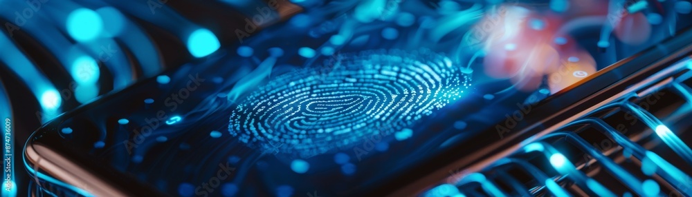 Close-up of a digital fingerprint on a smartphone screen, representing modern technology and biometric security authentication systems. Close-up of a digital fingerprint on a smartphone screen, representing modern technology and biometric security authentication systems.