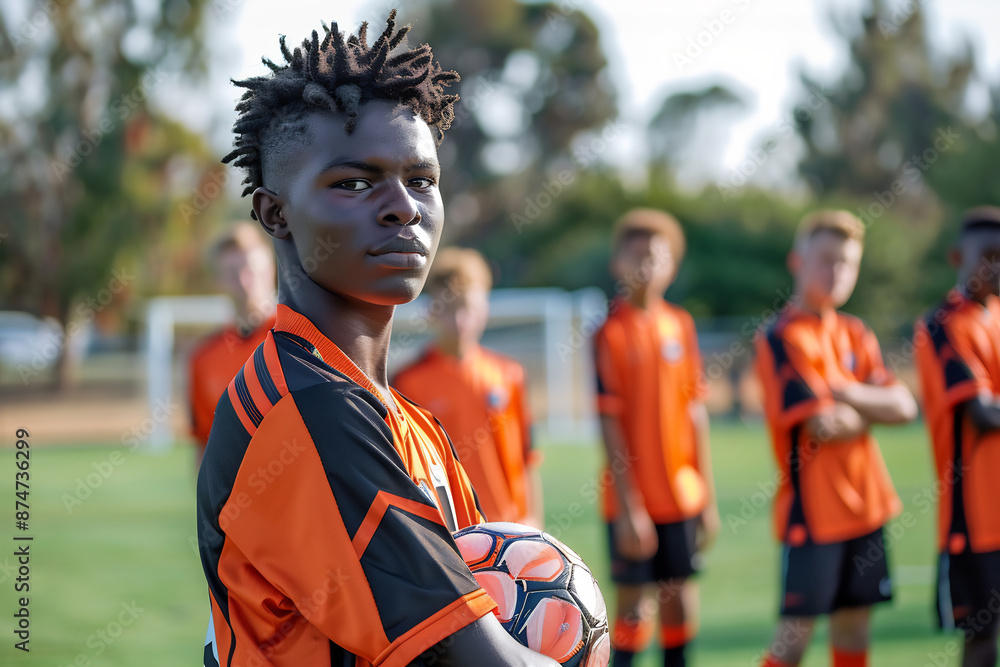 Fototapeta premium Portrait of confident young soccer player holding ball, teammates in matching orange jerseys standing in the background on a sunny day