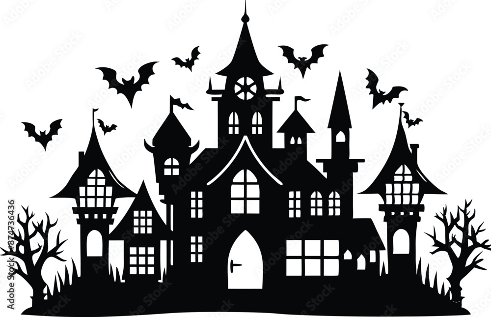 Obraz premium A Silhouette Vector Of Halloween Haunted House, Haunted House silhouette vector collection, Ghost House silhouette, halloween at night and bats house 