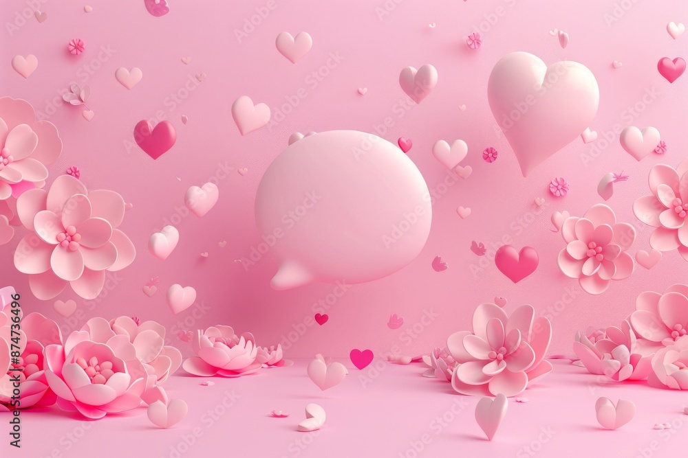 a blank speech bubble with a pink background, surrounded by flowers and hearts floating a blank speech bubble with a pink background, surrounded by flowers and hearts floating