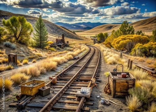 Weathered railroad tracks stretch into the distance, surrounded by rolling hills and sparse trees, with worn tools and abandoned baskets left behind, circa 1800s American West.