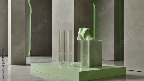 no ground floor! store product display. acne studios. studio photography. minimal. shoes, purses, and glassware on abstract shape podium. resin material. neutral tones. pop of neon green. roman pillar