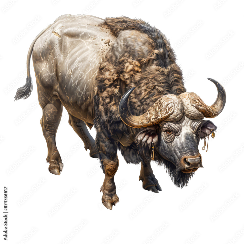Obraz premium Majestic 3D Rendered Buffalo with Muscular Build Grazing Isolated on White Background