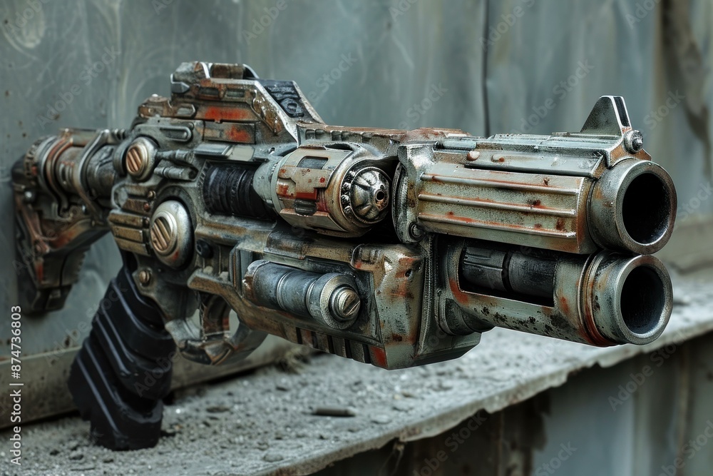 Detailed prop of a science fiction blaster weapon with a worn metallic finish Detailed prop of a science fiction blaster weapon with a worn metallic finish