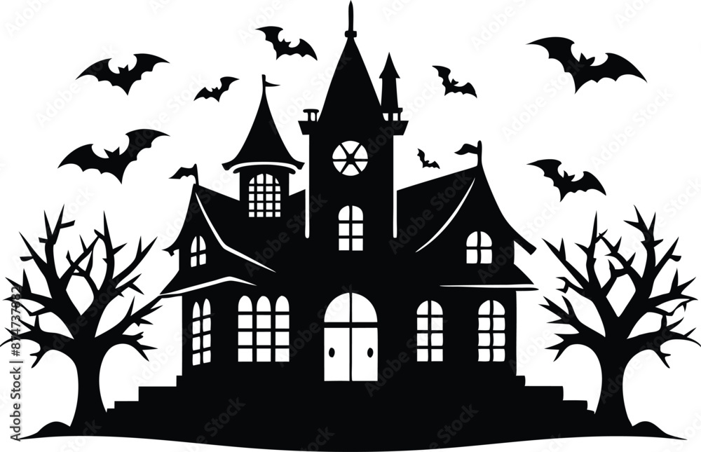 A Silhouette Vector Of Halloween Haunted House, Haunted House silhouette vector collection, Ghost House silhouette, halloween at night and bats house
