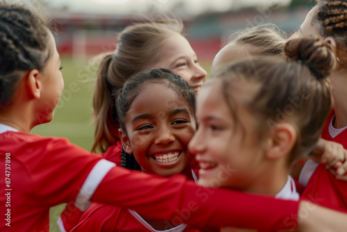 Young female soccer team huddling together on a sunny field, preparing for the game with intense focus and camaraderie