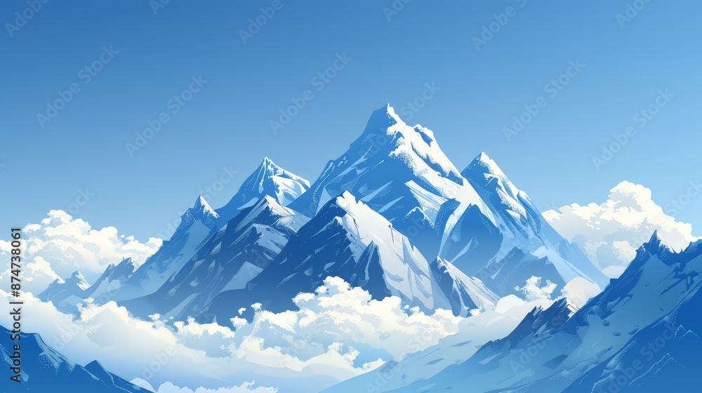 Obraz premium A serene mountain background with snow-capped peaks and a clear blue sky, ideal for conveying a sense of adventure and tranquility.