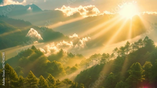 views of mountains and natural dense forests decorated with the rays of the rising sun