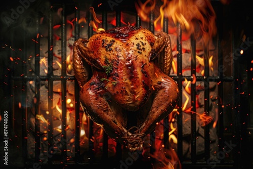 Roast whole turkey over flame on barbecue grill, top view. Traditional Thanksgiving and Christmas dish for family dinner photo