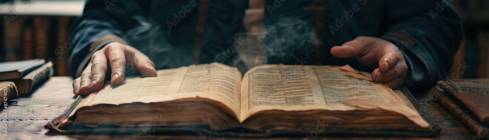 Naklejka premium Open ledger book with distressed person observing, realistic economic downturn