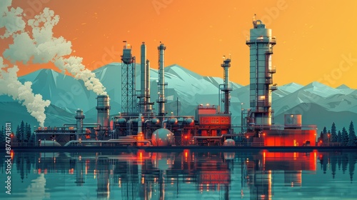 Industrial plant with tall structures, smokestacks, and calm water reflection during sunset with mountains in the background.