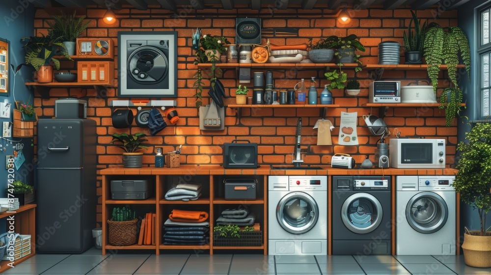Obraz premium Modern laundry room with brick walls and wooden shelves, showcasing washing machines, a dryer, and cozy decor elements.