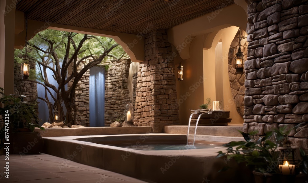 Fototapeta premium A luxury spa with tranquil pools, relaxing treatments, and a peaceful, pampering atmosphere