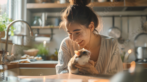 Young woman bonding with her pet hamster in a cozy kitchen