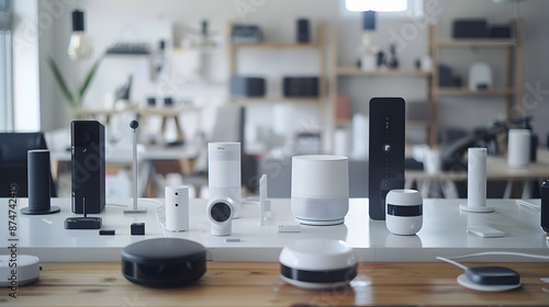 Modern smart home devices displayed on a white table