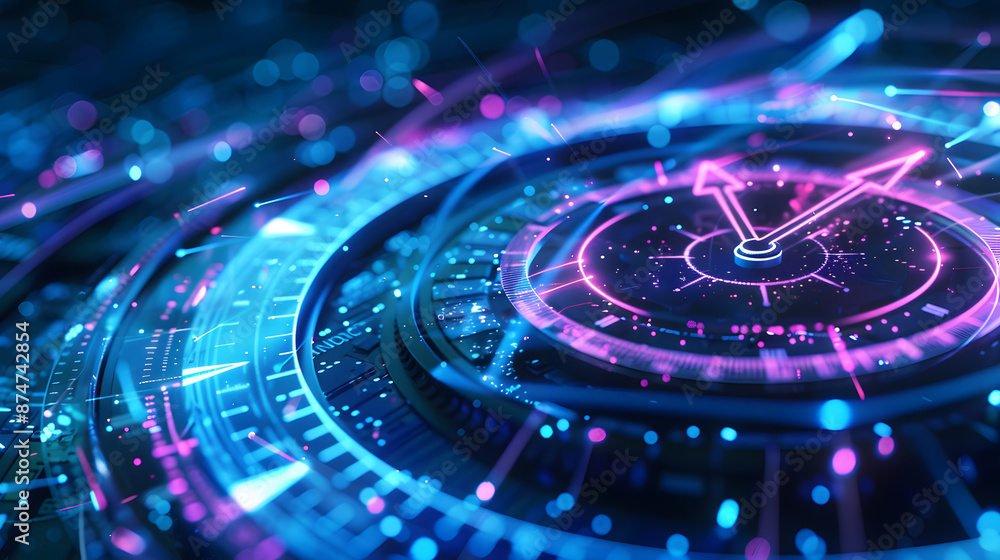 Futuristic clock with neon lights and digital elements Futuristic clock with neon lights and digital elements